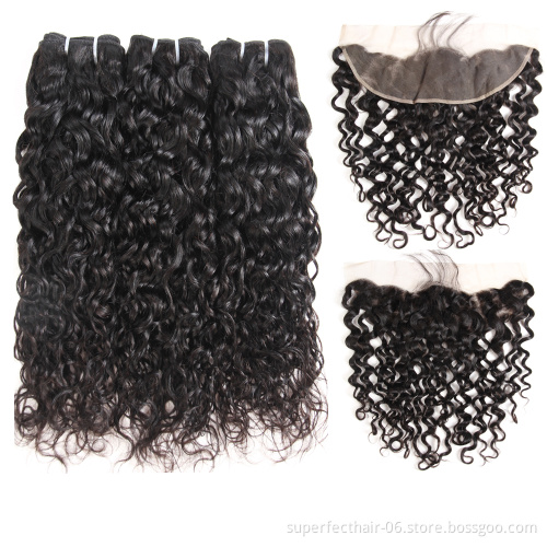 Wholesale Raw Virgin Indian Hair Water Wave Human Hair Weave Bundles With Lace Frontal Closure